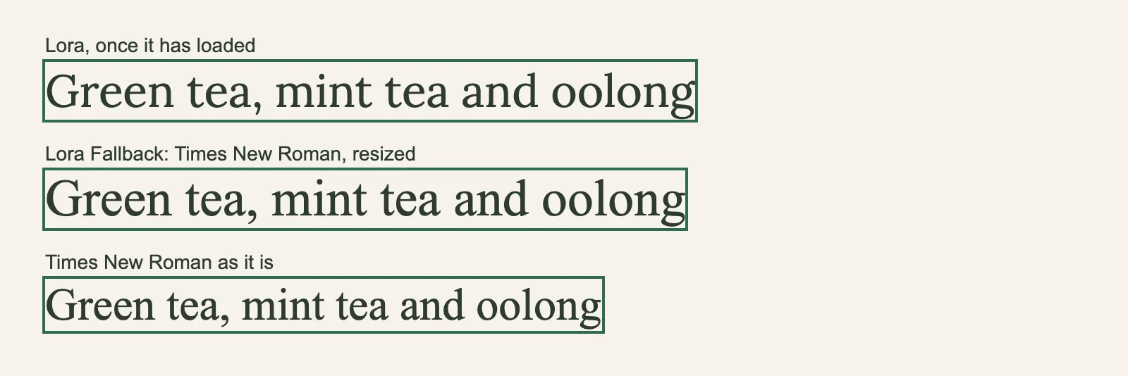 The page at /compare, as Chrome drew it with its styles. It says: Lora, once it has loaded. Green tea, mint tea and oolong. Lora Fallback: Times New Roman, resized. Green tea, mint tea and oolong. Times New Roman as it is. Green tea, mint tea and oolong.