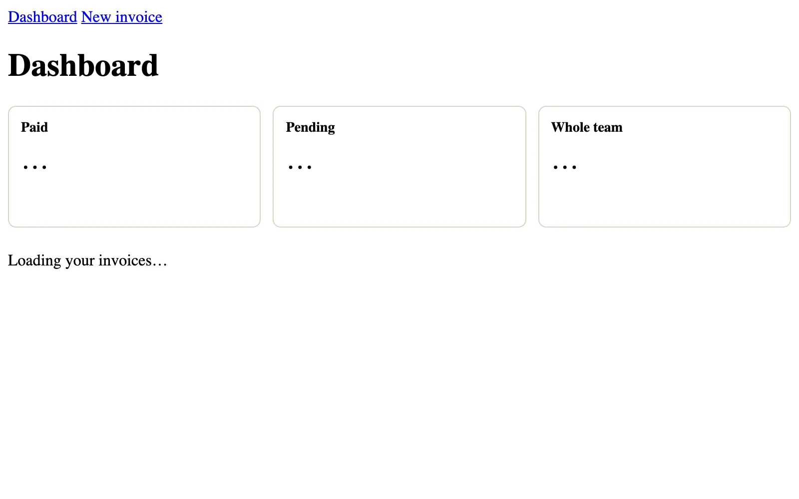 The page at /dashboard, as Chrome drew it with its styles. It says: Dashboard New invoice. Dashboard. Paid. $120.00. Pending. $125.50. Whole team. $339.50. Invoice. Customer. Amount. Status. Invoice 3. River Books. $80.00. pending. Invoice 2. Hill Bakery. $45.50. pending. Invoice 1. Lake Café. $120.00. paid.