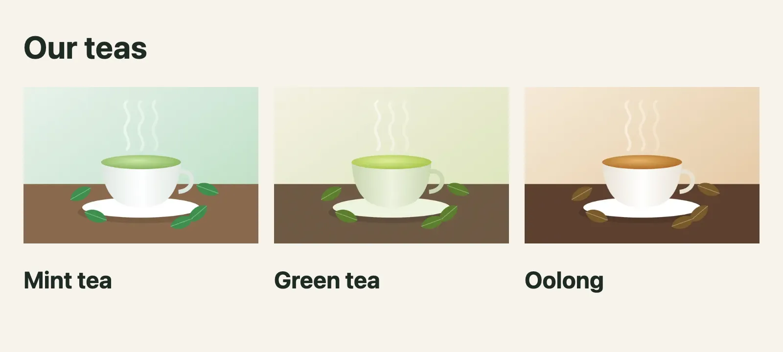 The page at /teas after step 1, as Chrome drew it with its styles. It says: Our teas. Mint tea. Green tea. Oolong.